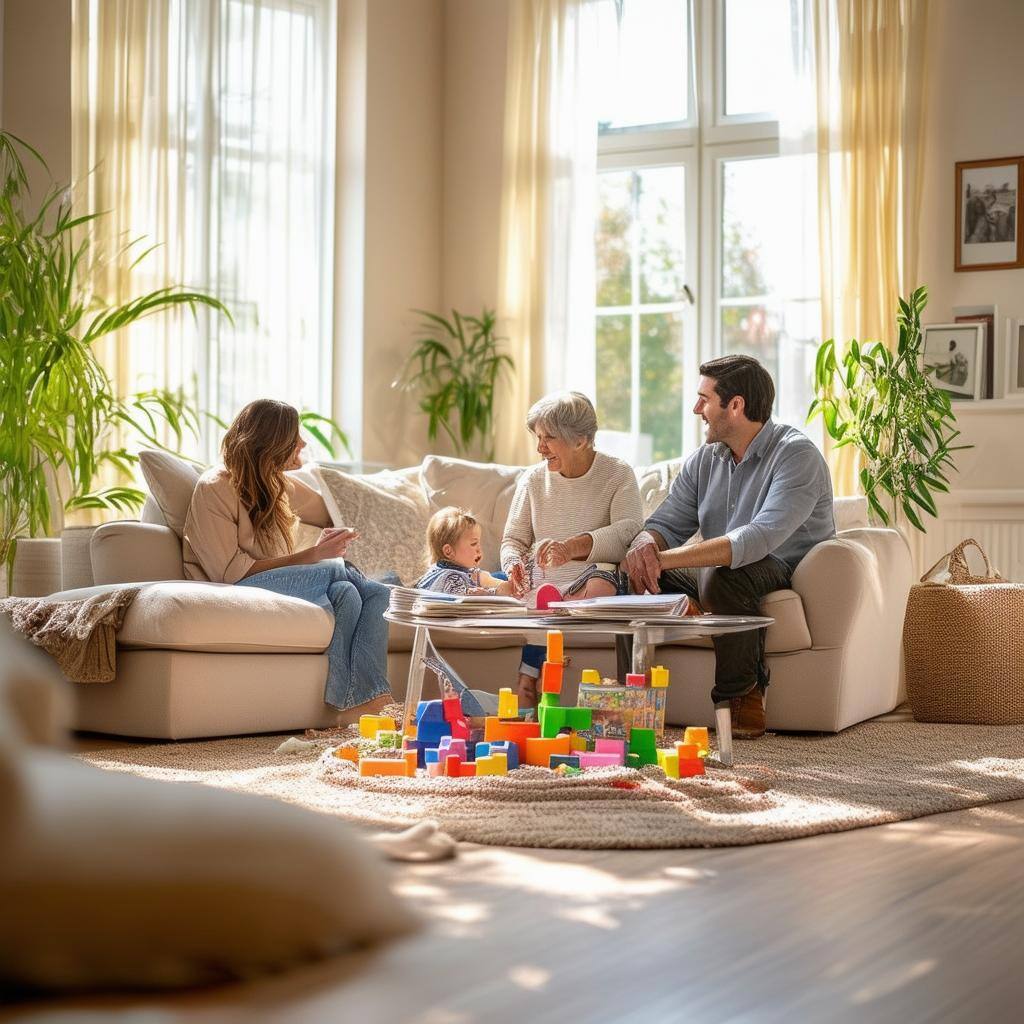 The image showcases a serene family scene in a cozy living room-1